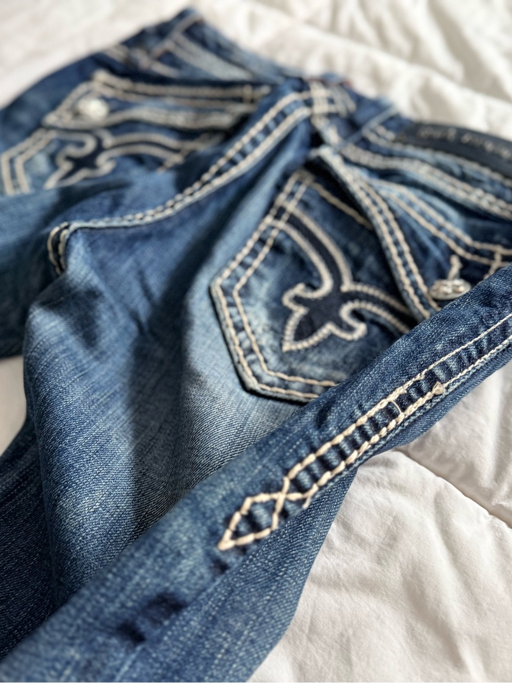 Rock Revival Women's Dark Blue Bootcut Jeans with White Embroidery